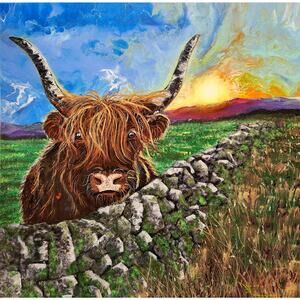 Art Print from my Original Work 12" x 12" "Highland Cow at Sunset" Acid Free